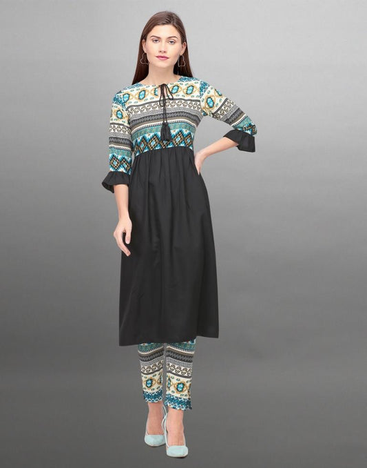 Black Coloured Polyester Digital Printed Kurti With Palazzo