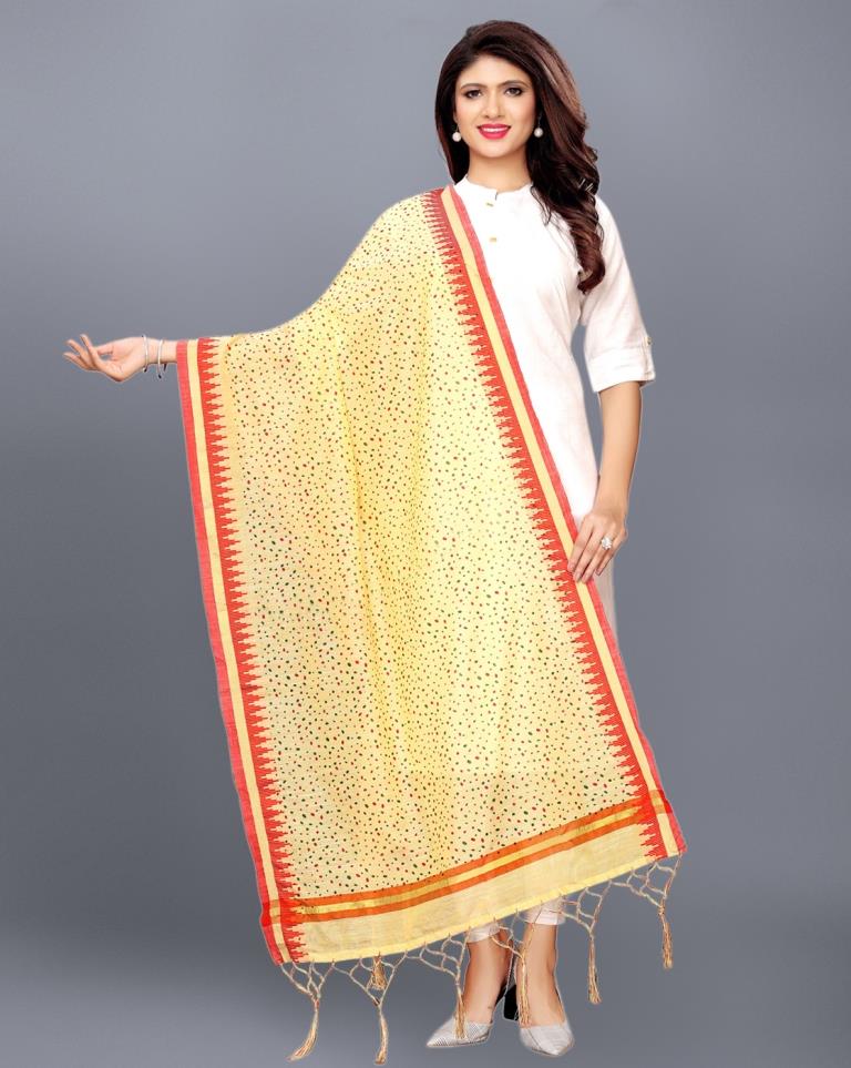 Beige Coloured Cotton Silk Jacquard Printed Dupatta