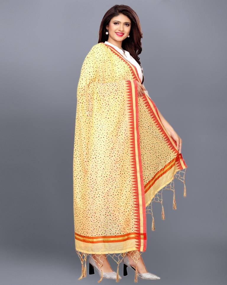 Beige Coloured Cotton Silk Jacquard Printed Dupatta