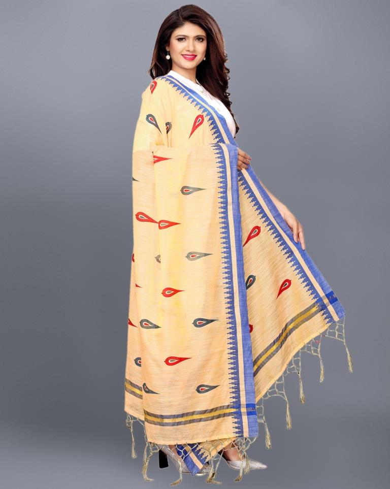 Beige Coloured Cotton Silk Jacquard Printed Dupatta