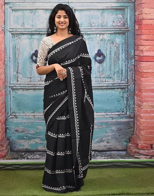 Black Printed Cotton Saree