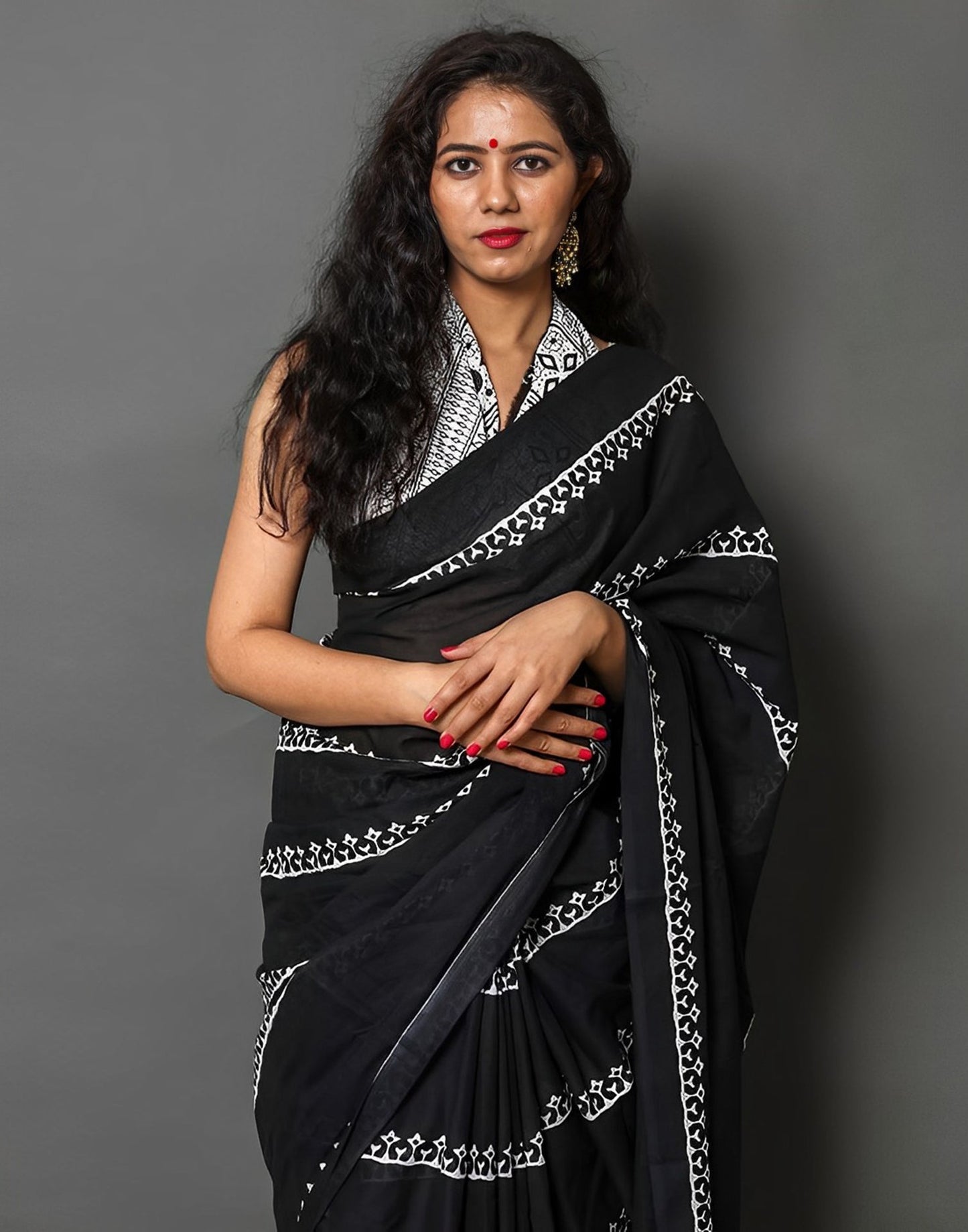 Black Printed Cotton Saree