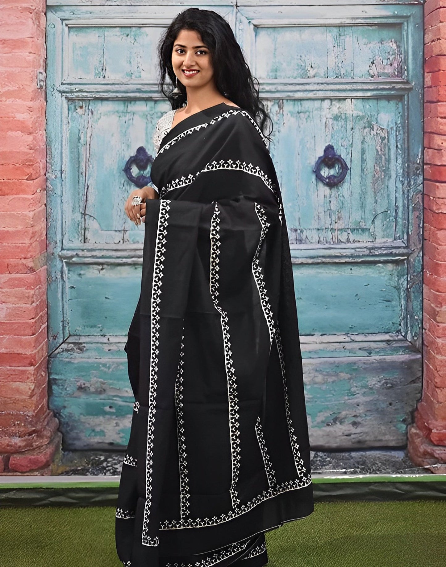 Black Printed Cotton Saree