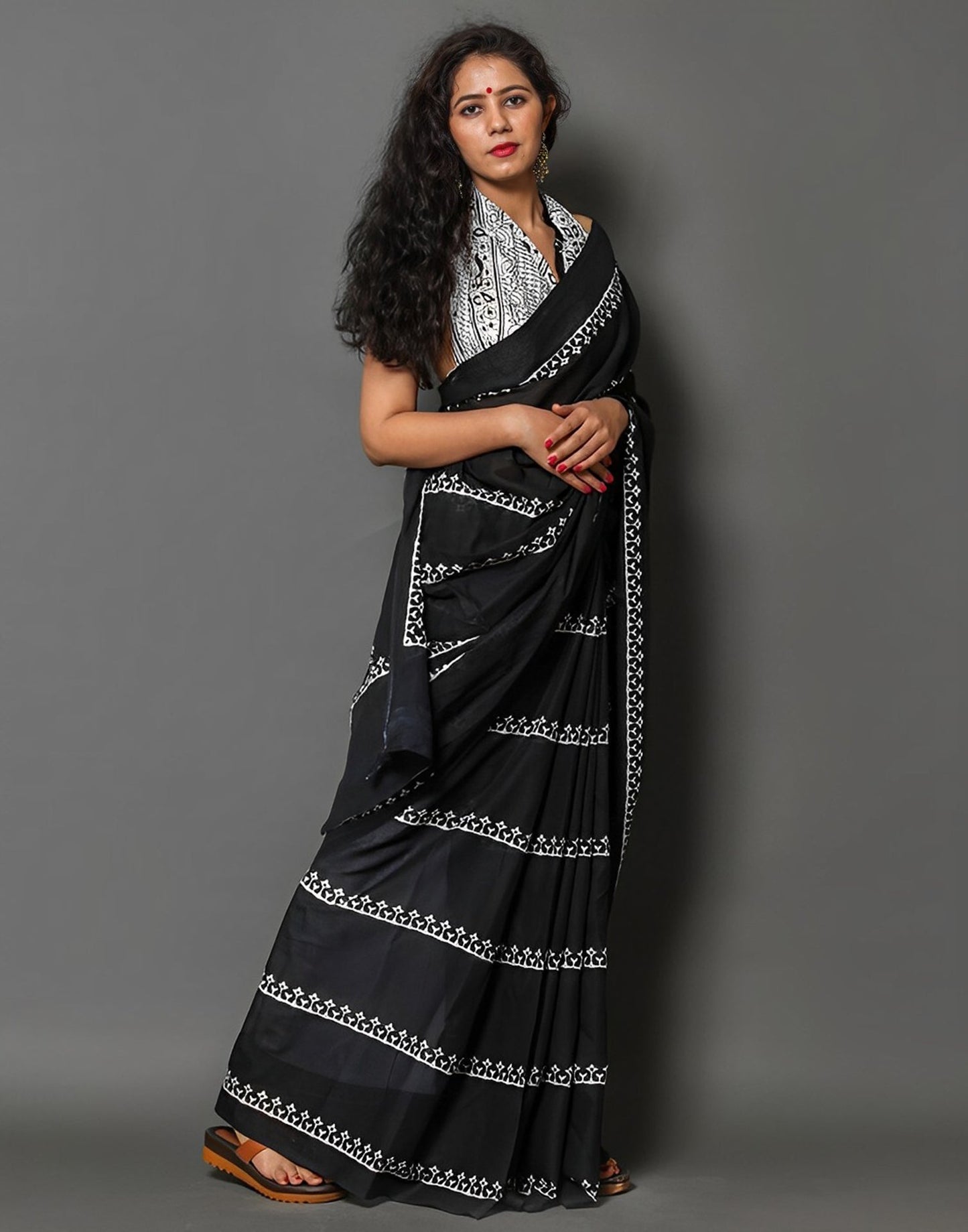 Black Printed Cotton Saree