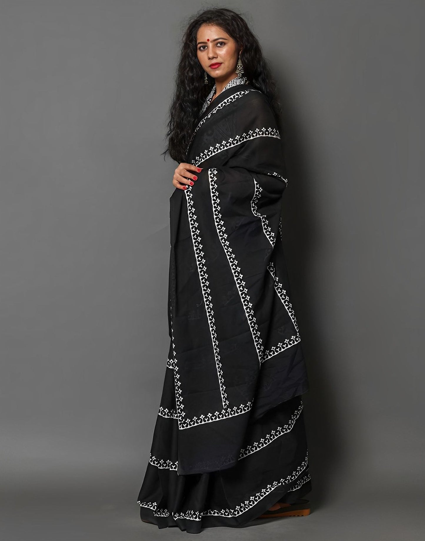 Black Printed Cotton Saree