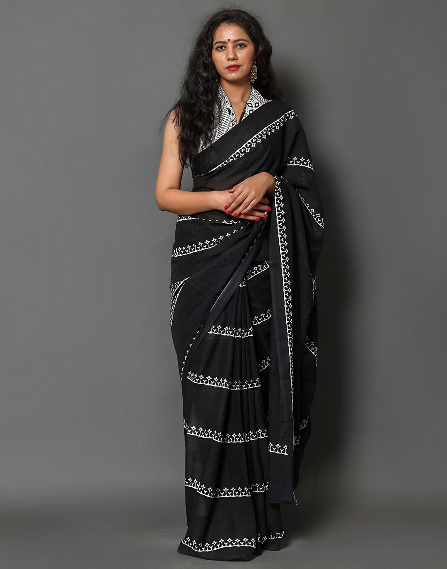 Black Printed Cotton Saree