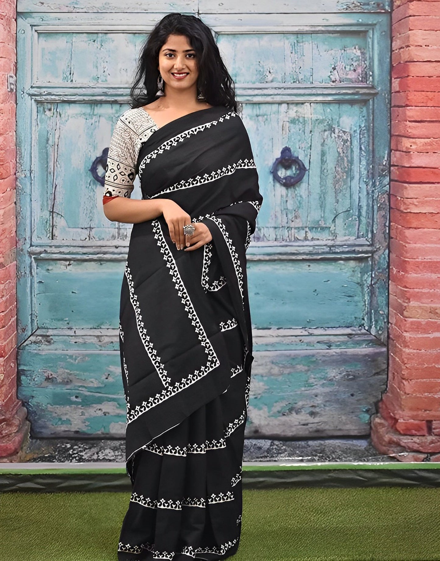 Black Printed Cotton Saree