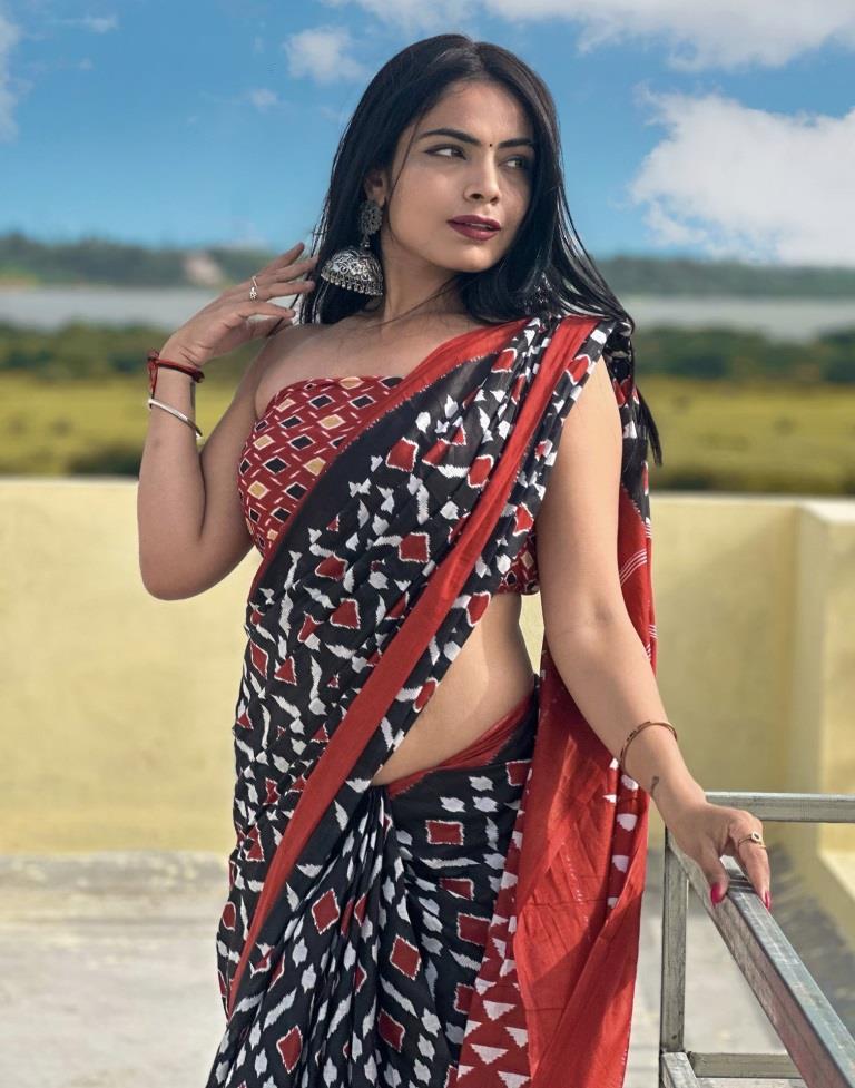 Black Printed Cotton Saree