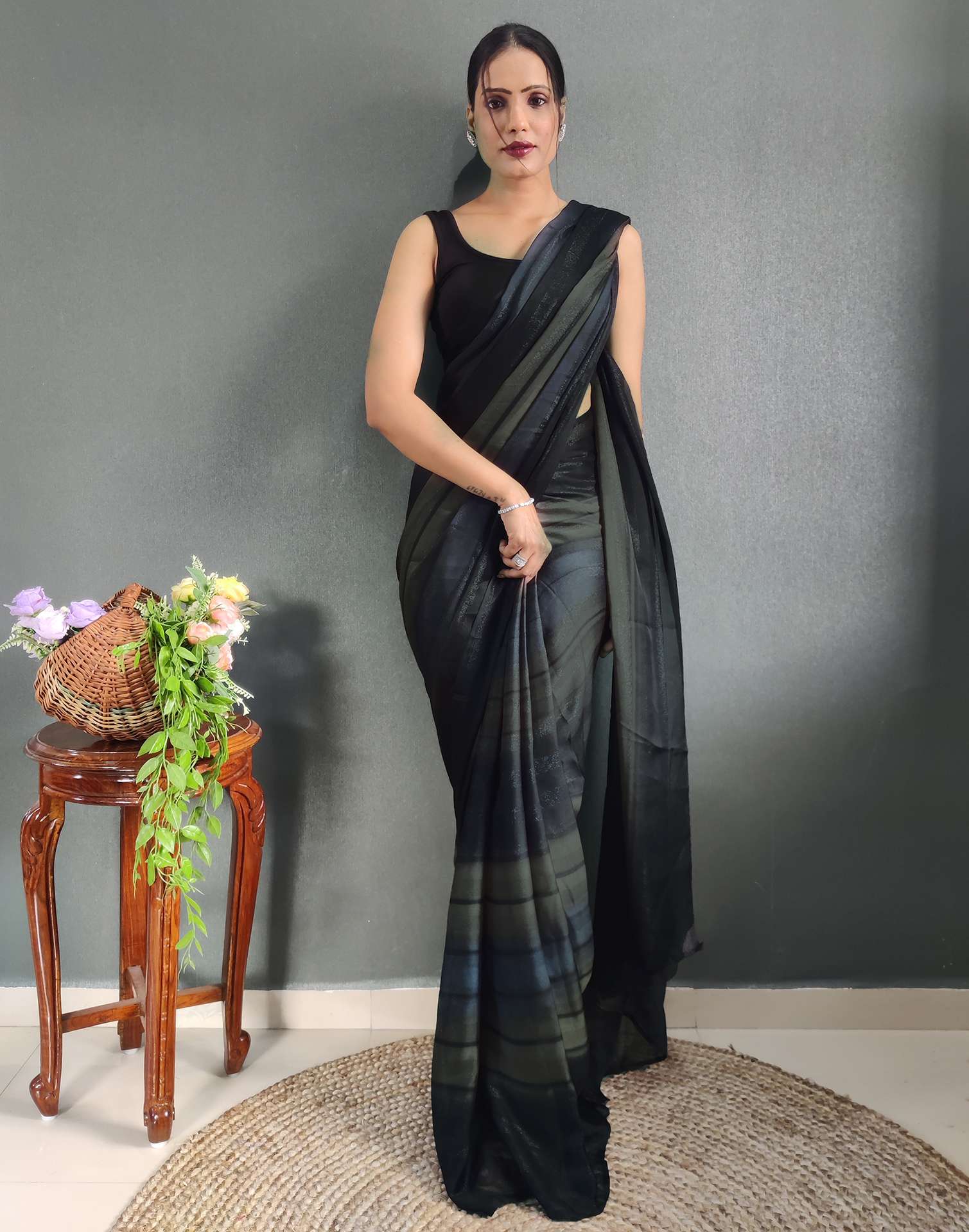 Baige Printed Georgette Pre-draped Saree