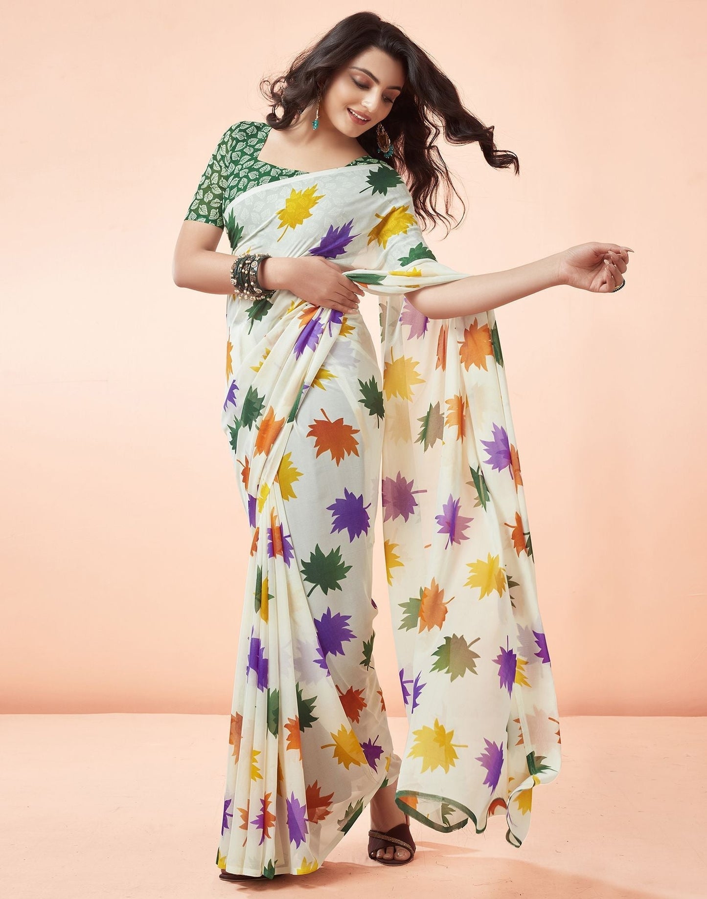 Off White Printed Georgette Saree