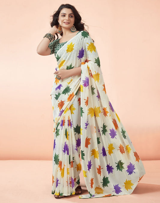 Off White Printed Georgette Saree