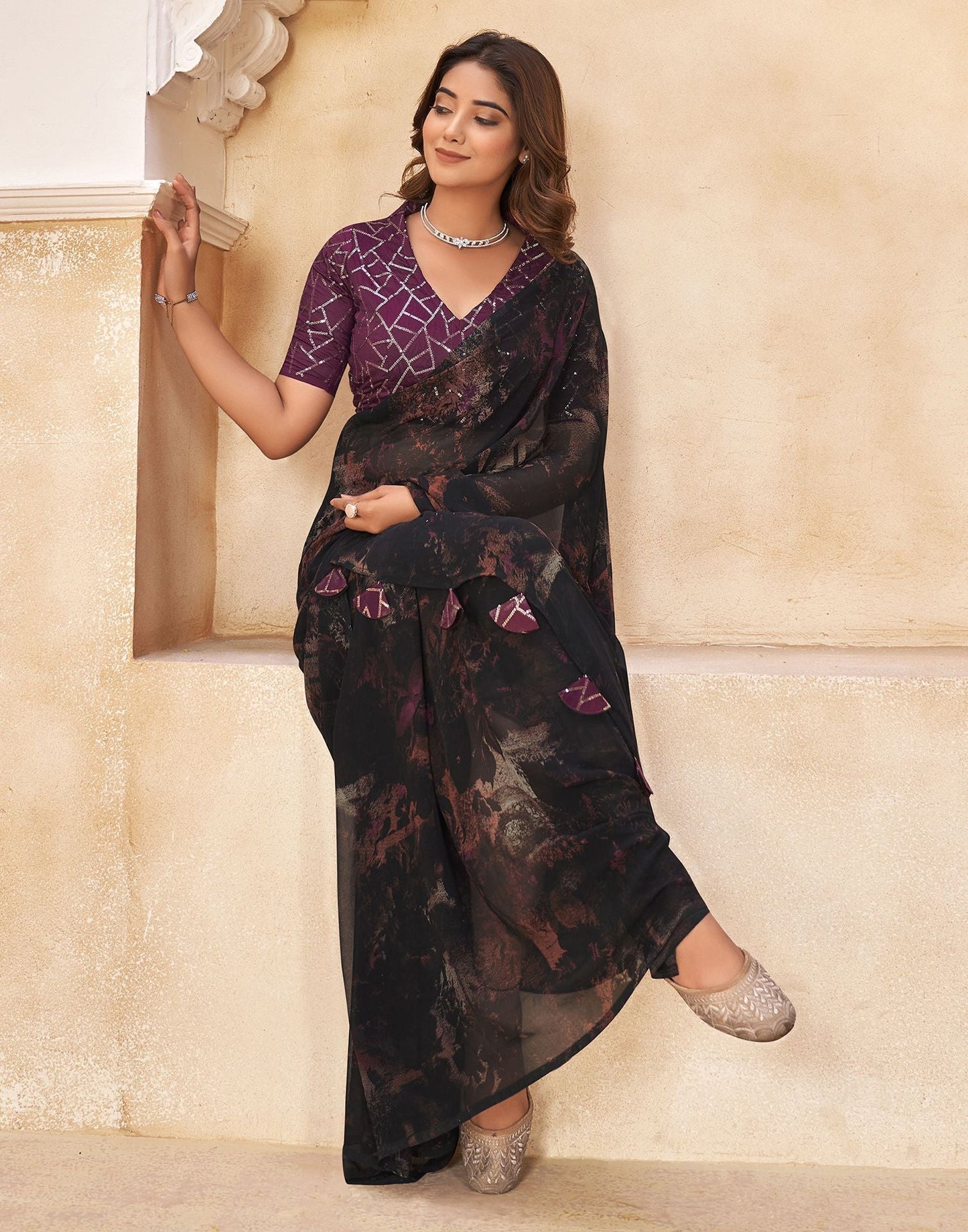 Black Printed Georgette Saree