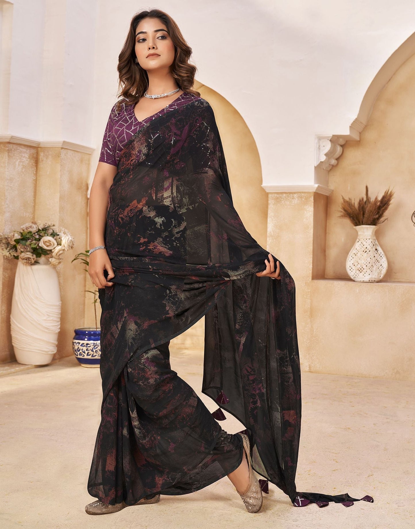 Black Printed Georgette Saree