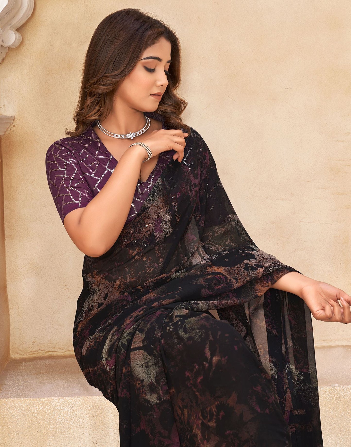 Black Printed Georgette Saree