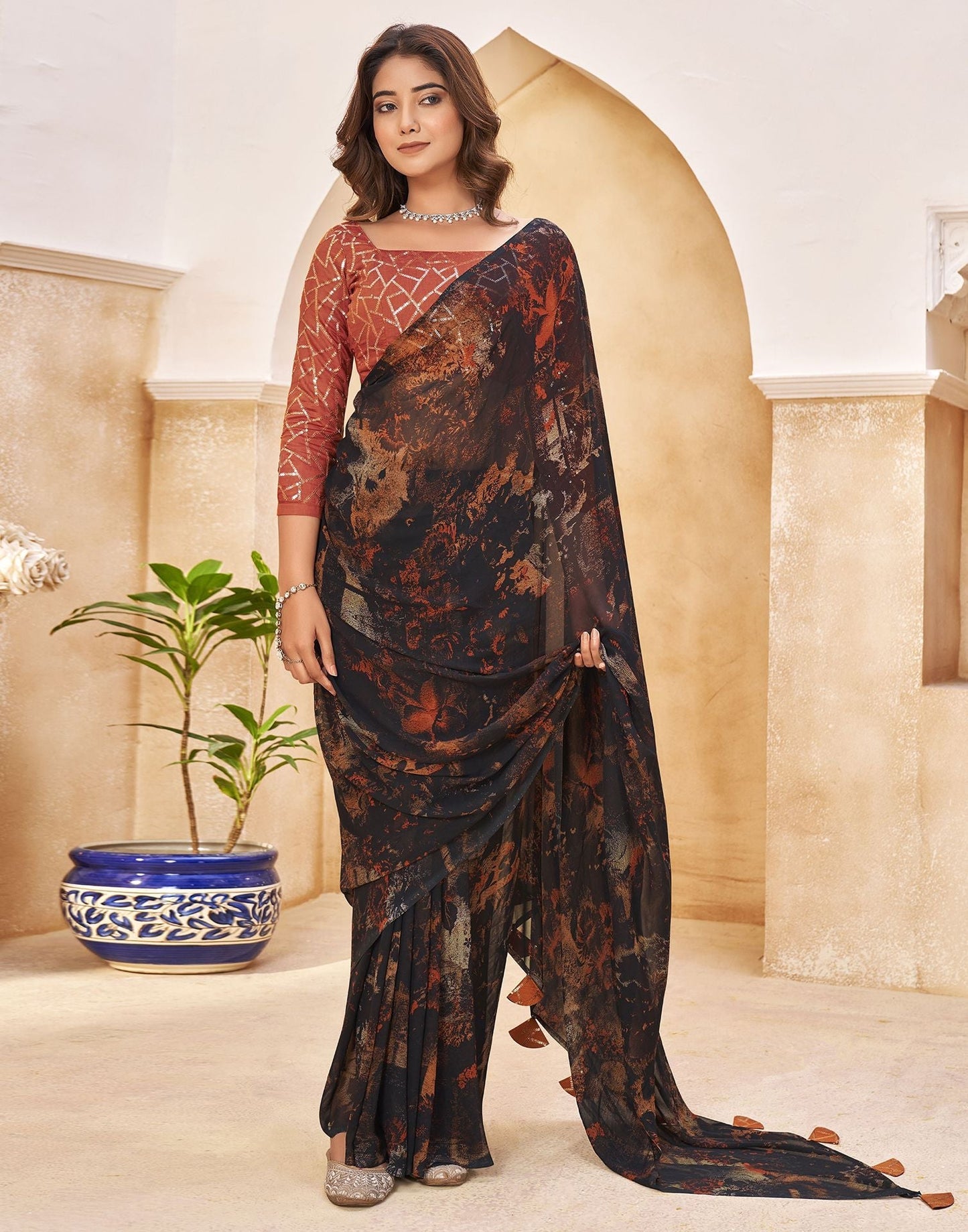 Black Printed Georgette Saree