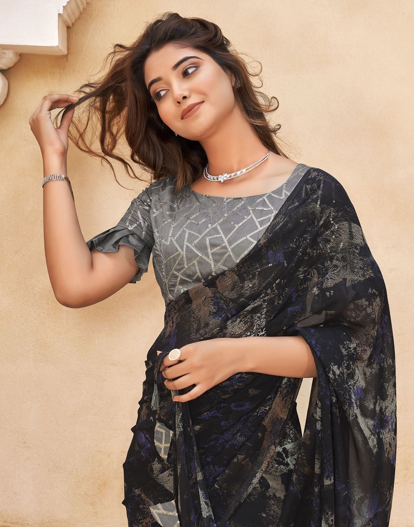 Black Printed Georgette Saree