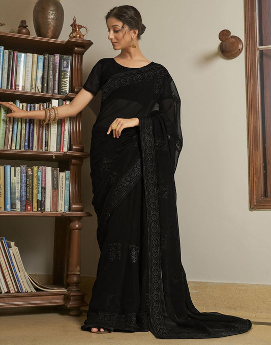 Black Plain Chiffon Saree