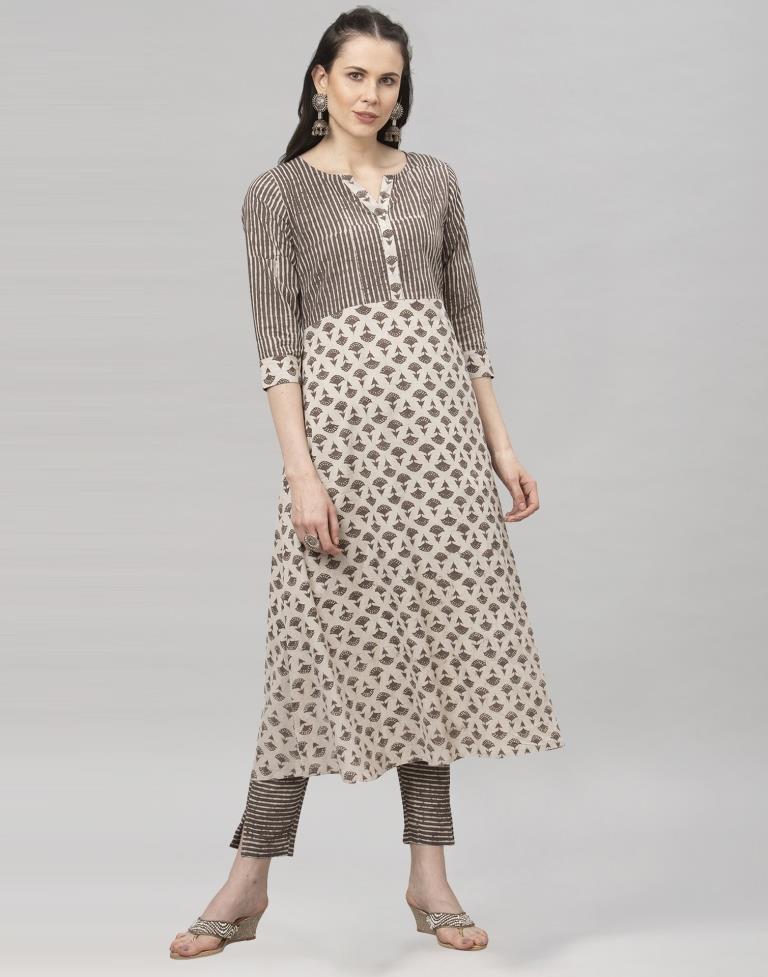 Beige Coloured Cotton Printed Kurti With Palazzo