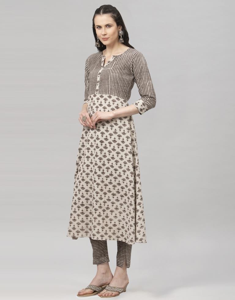 Beige Coloured Cotton Printed Kurti With Palazzo