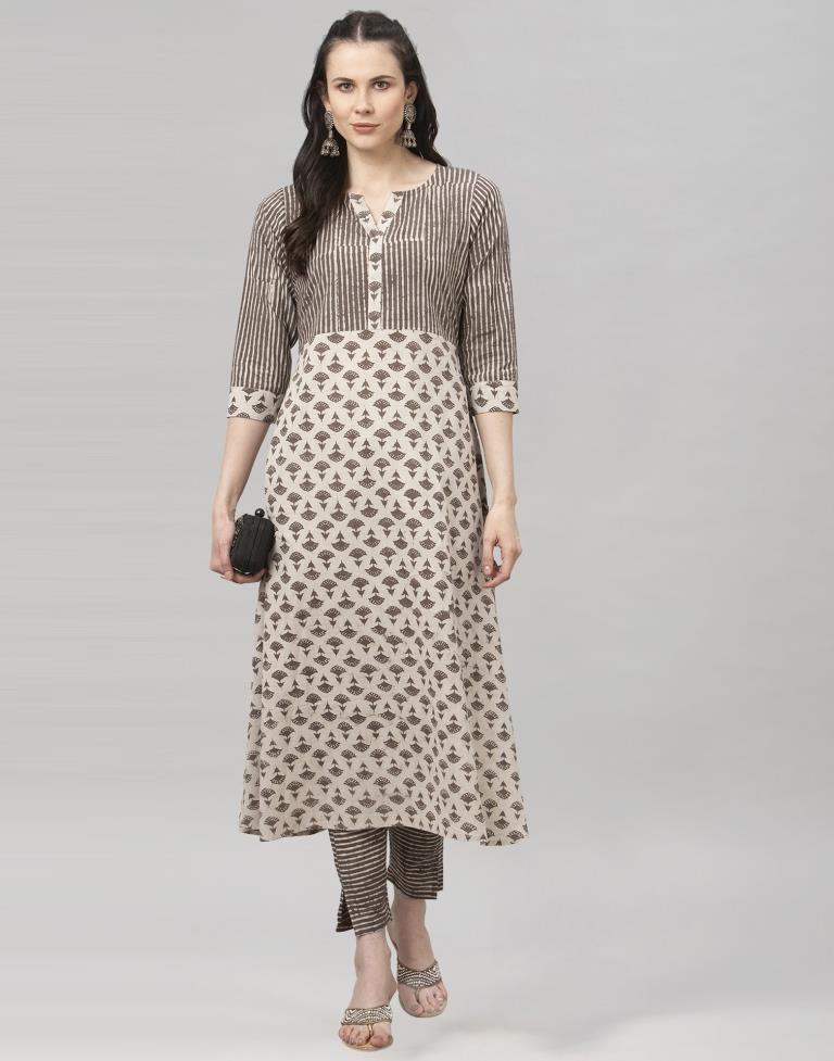 Beige Coloured Cotton Printed Kurti With Palazzo