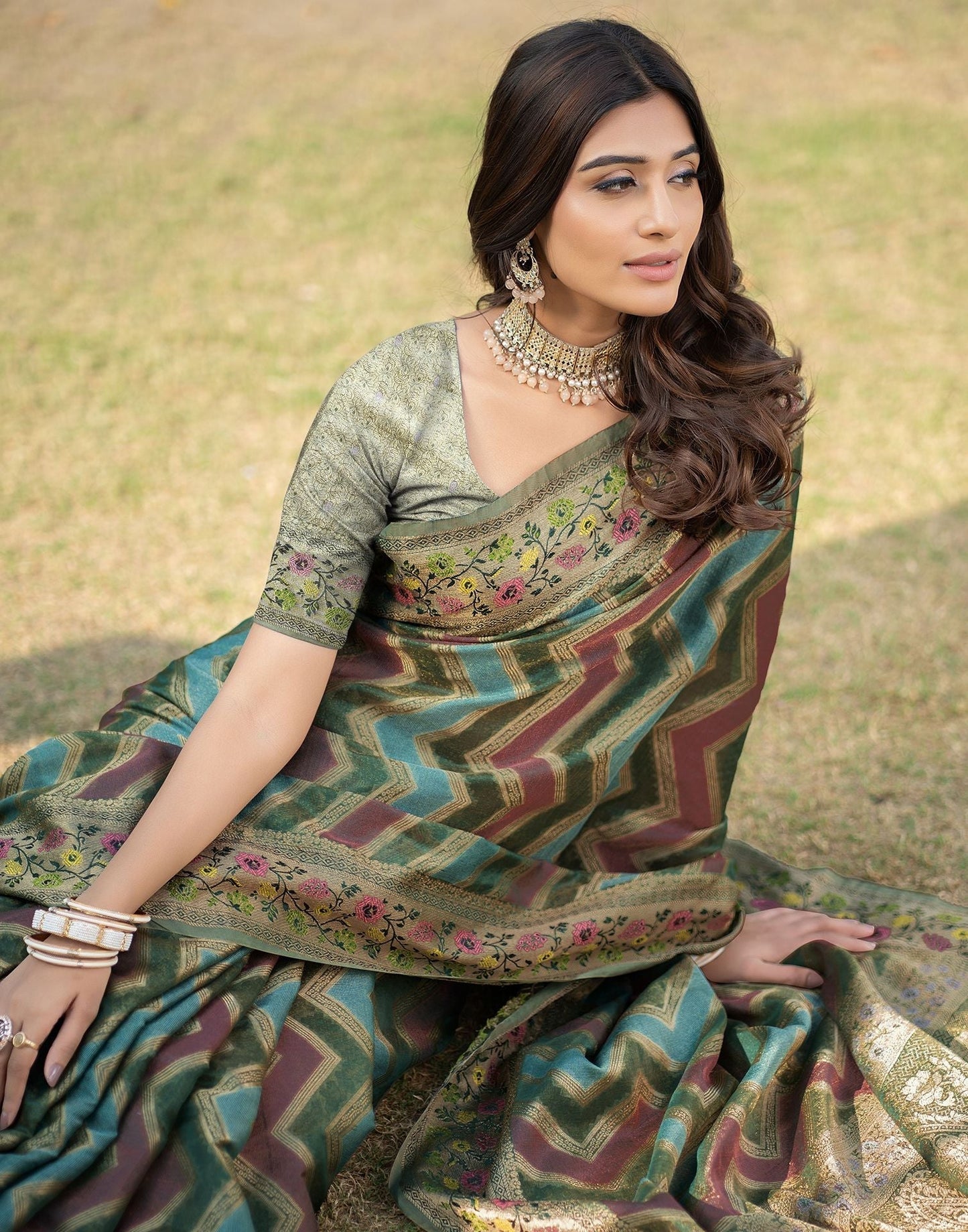 Green Jacquard Organza Saree