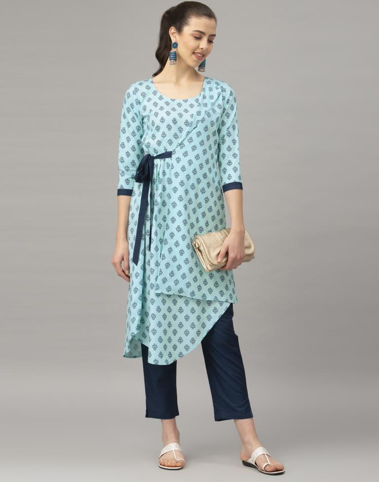 Attractive Sky Blue Coloured Printed Rayon Kurti