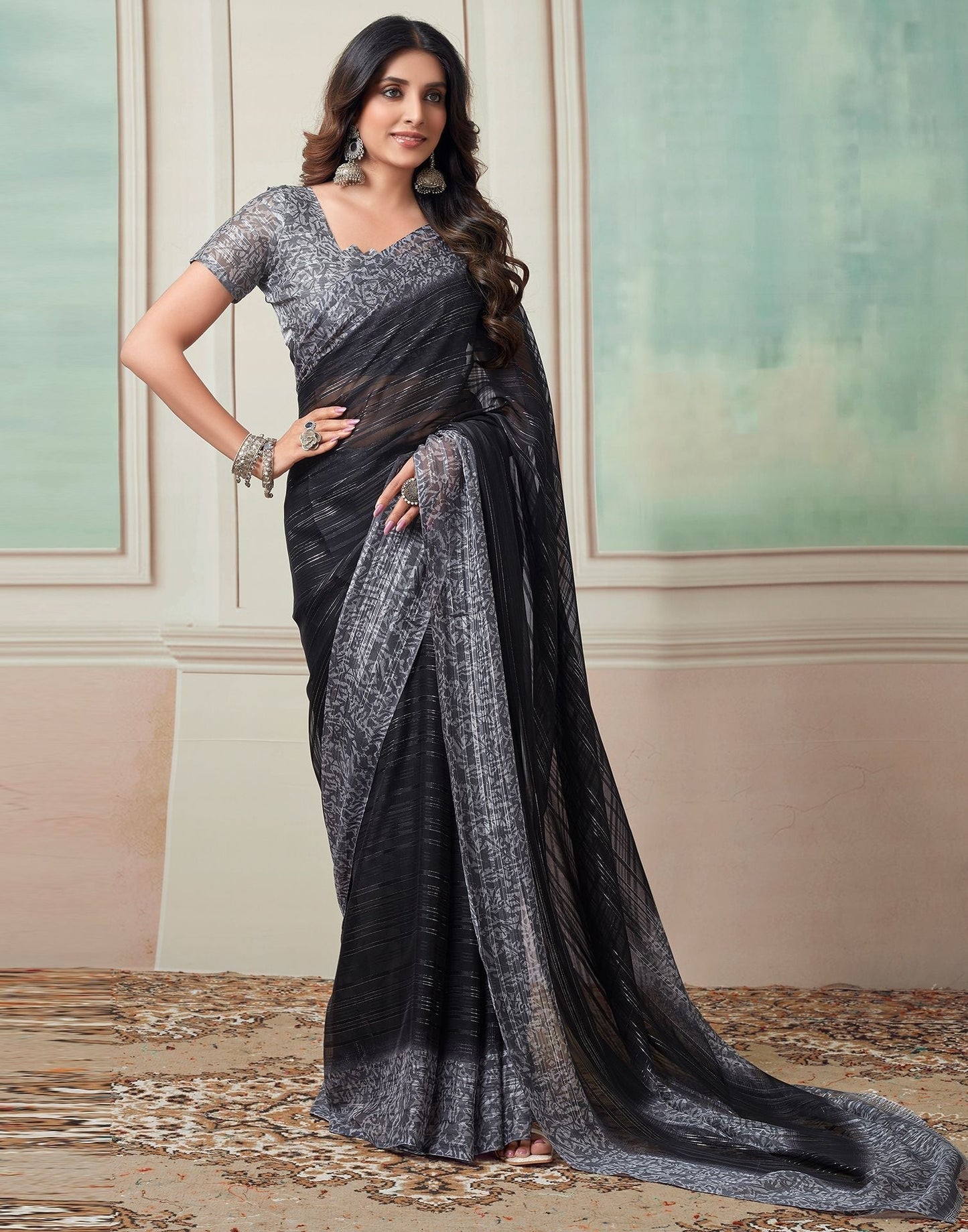 Black Printed Georgette Saree