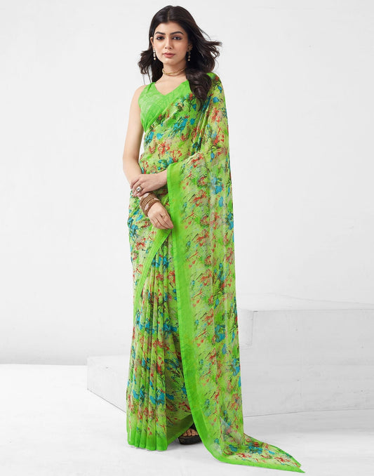 Parrot Green Printed Georgette Saree