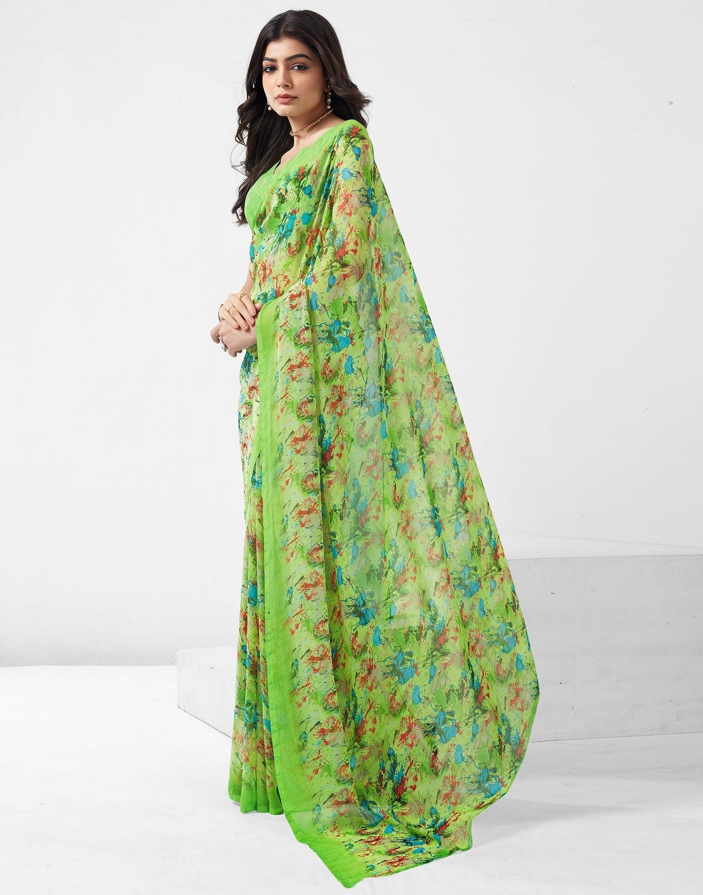 Parrot Green Printed Georgette Saree