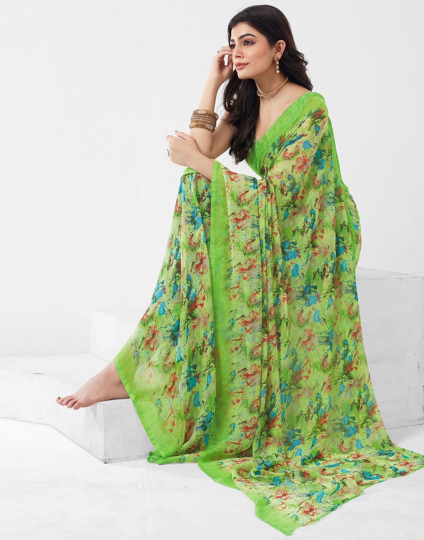 Parrot Green Printed Georgette Saree