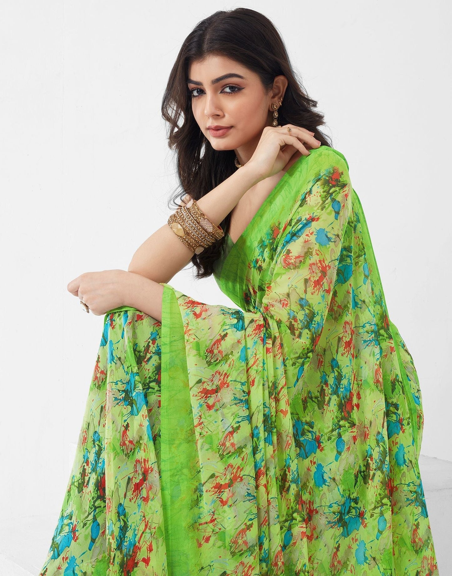 Parrot Green Printed Georgette Saree