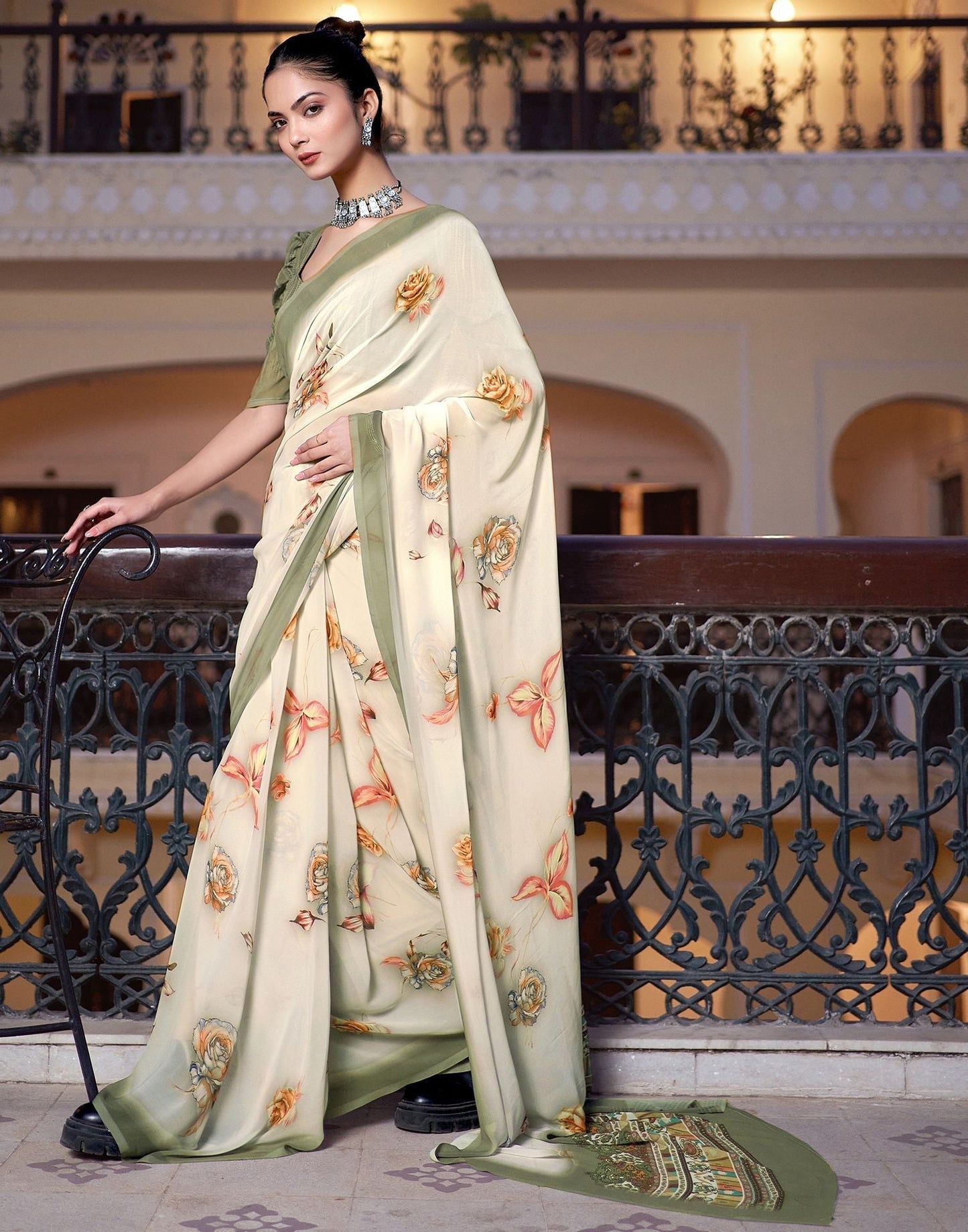 Off White Printed Georgette Saree