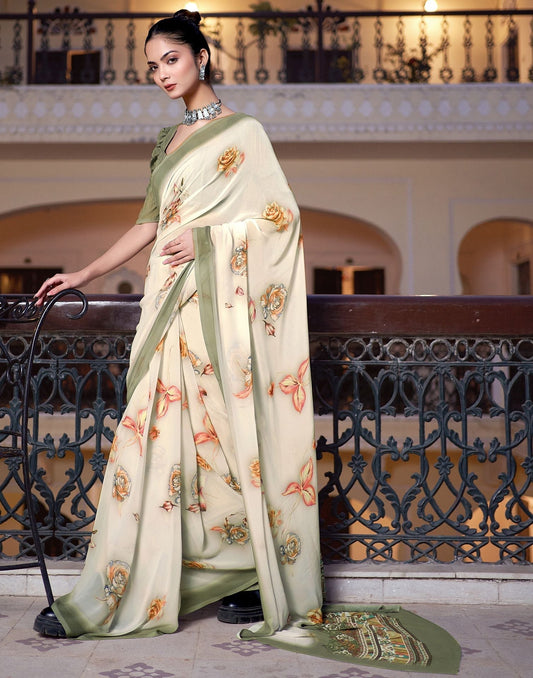 Off White Printed Georgette Saree