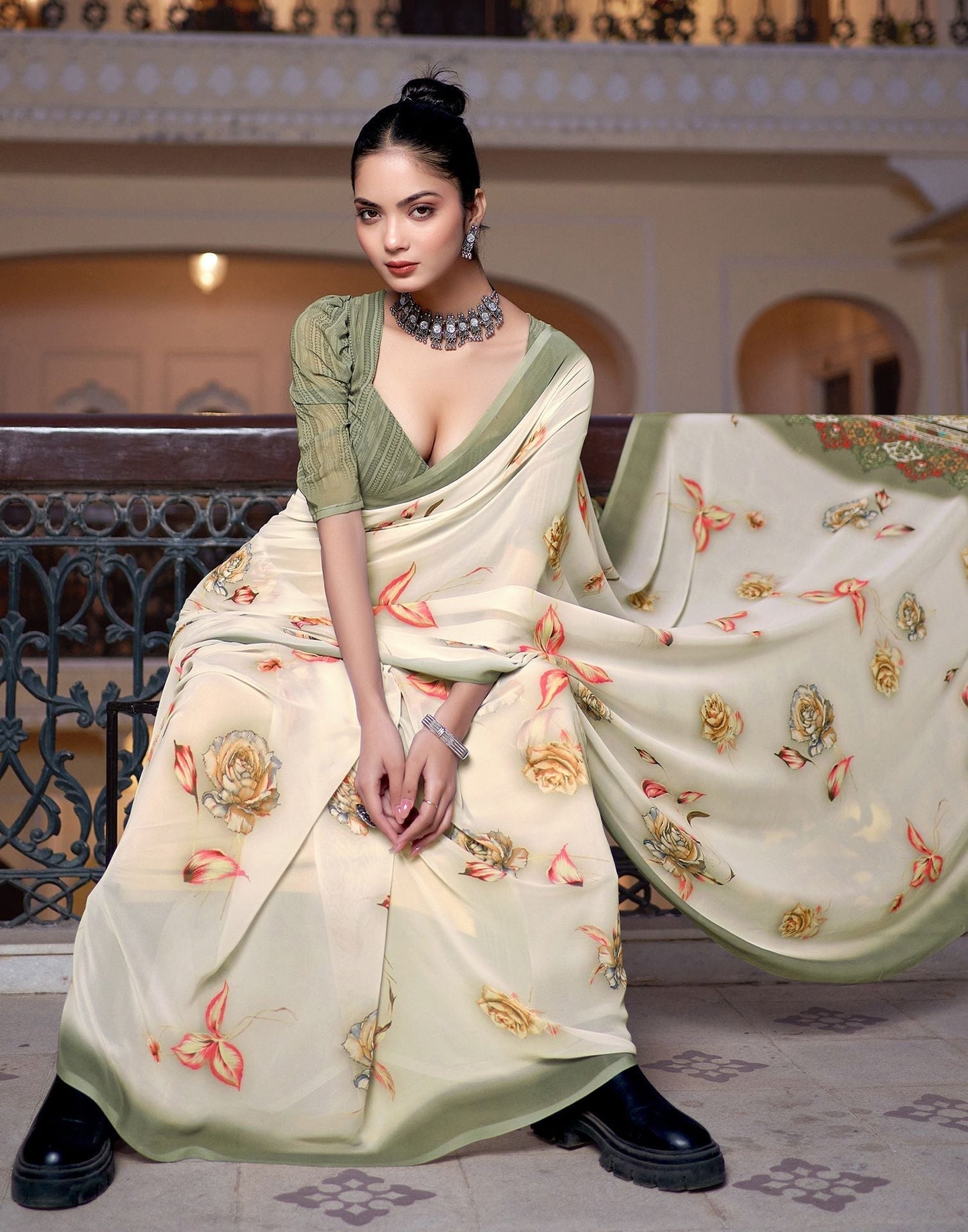 Off White Printed Georgette Saree