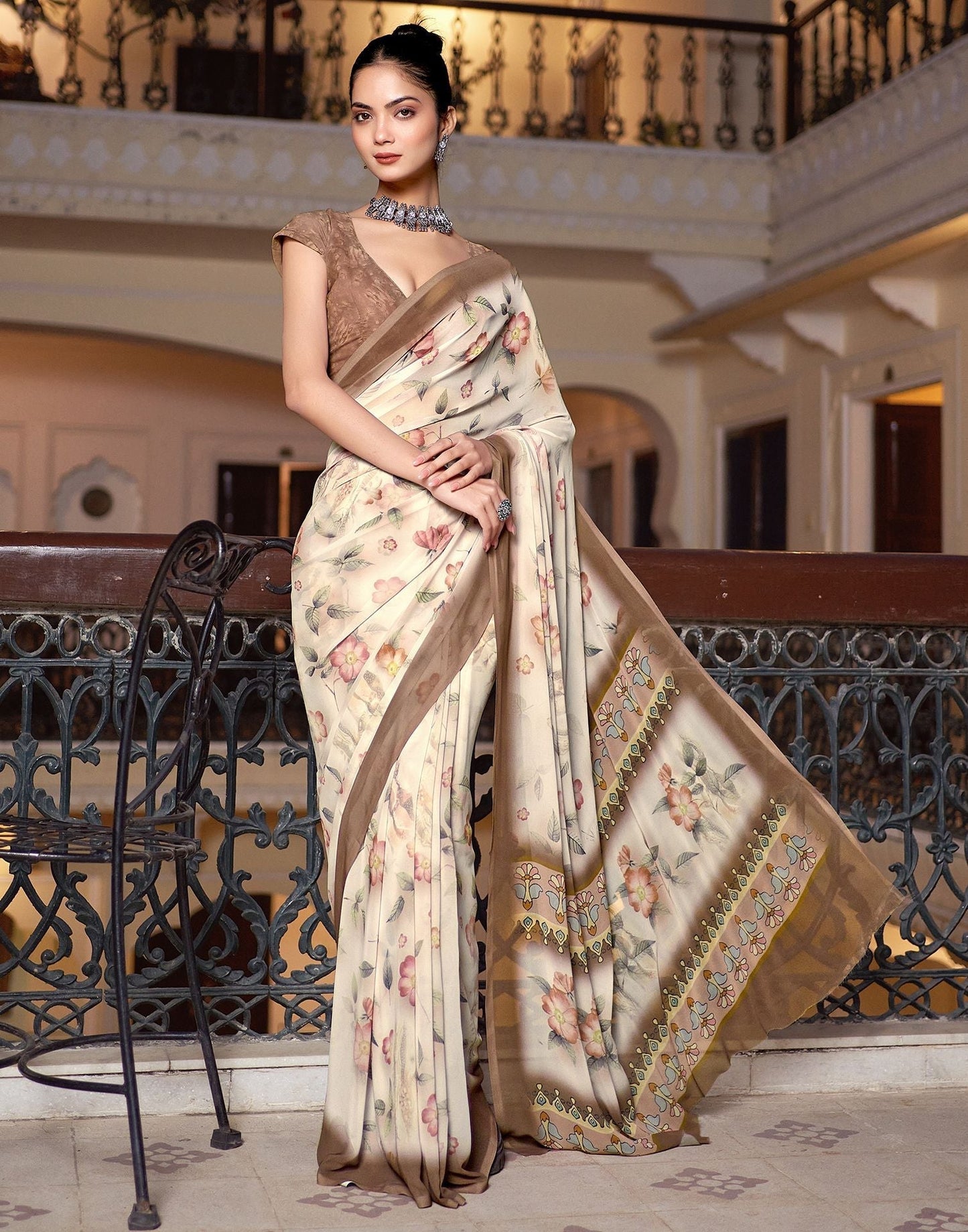 Off White Printed Georgette Saree