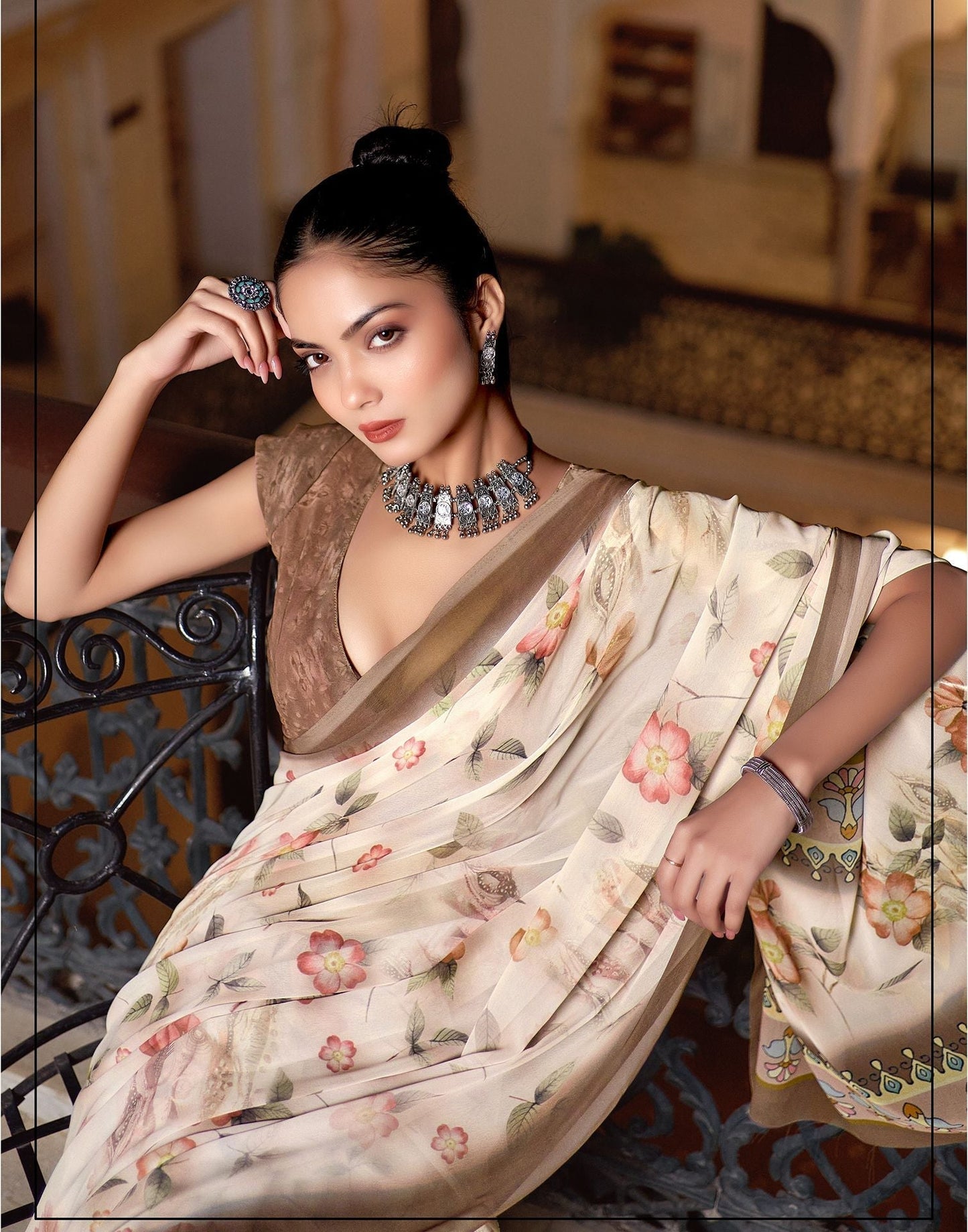 Off White Printed Georgette Saree