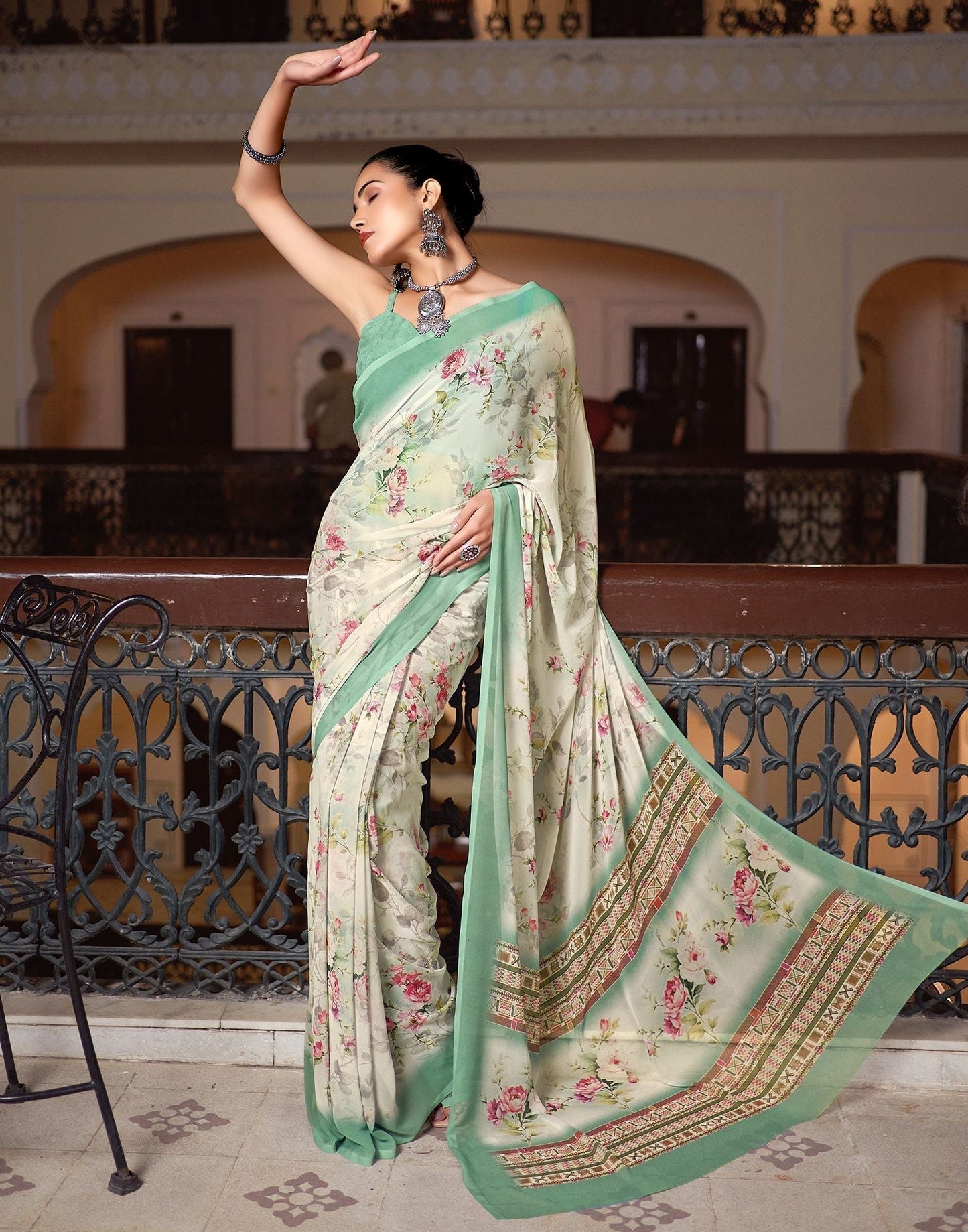 Off White Printed Georgette Saree