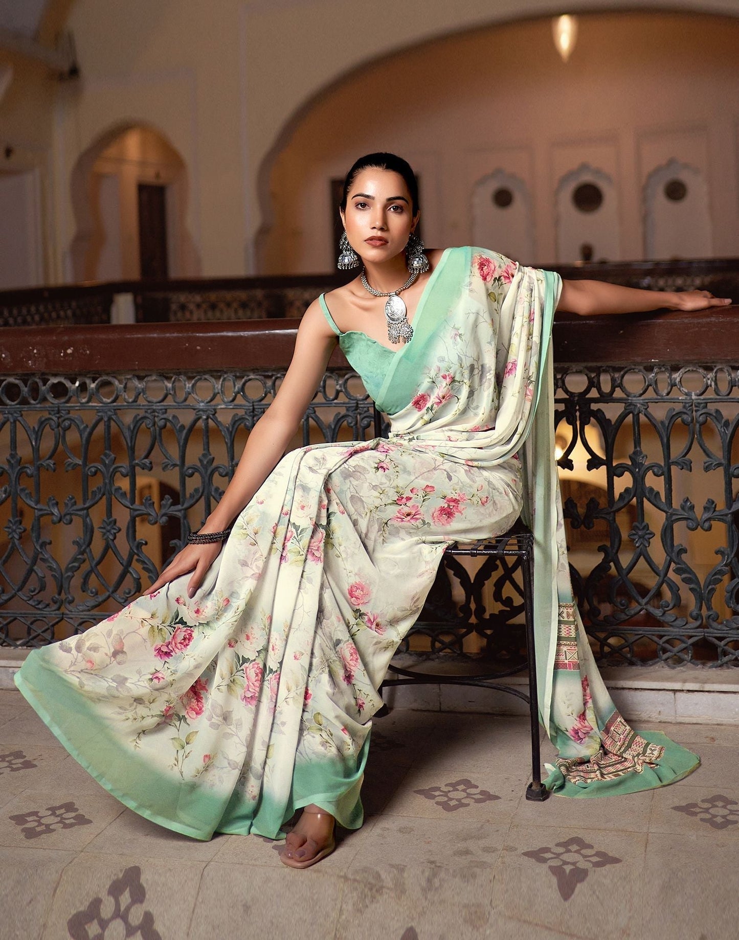 Off White Printed Georgette Saree