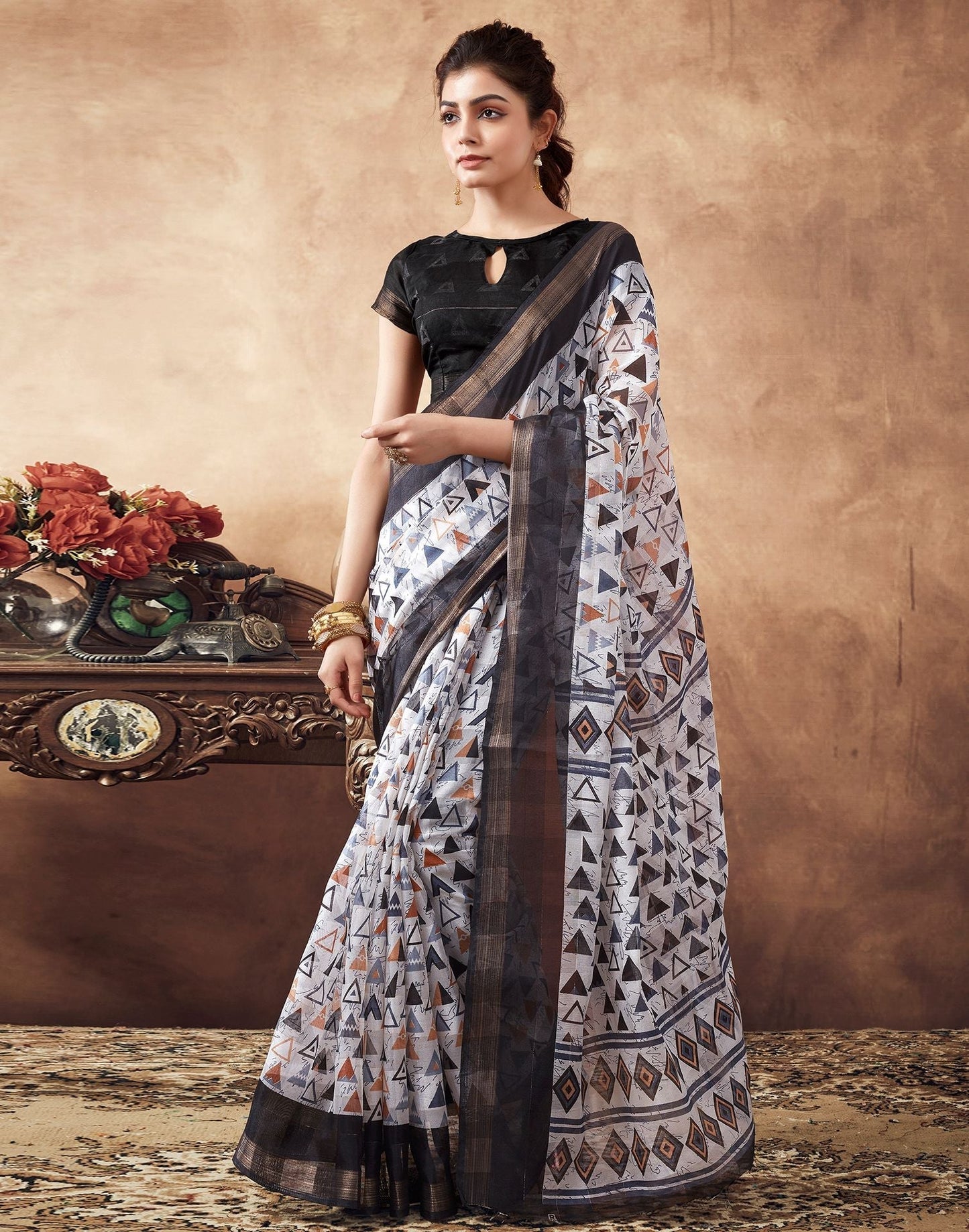 Black Printed Cotton Saree