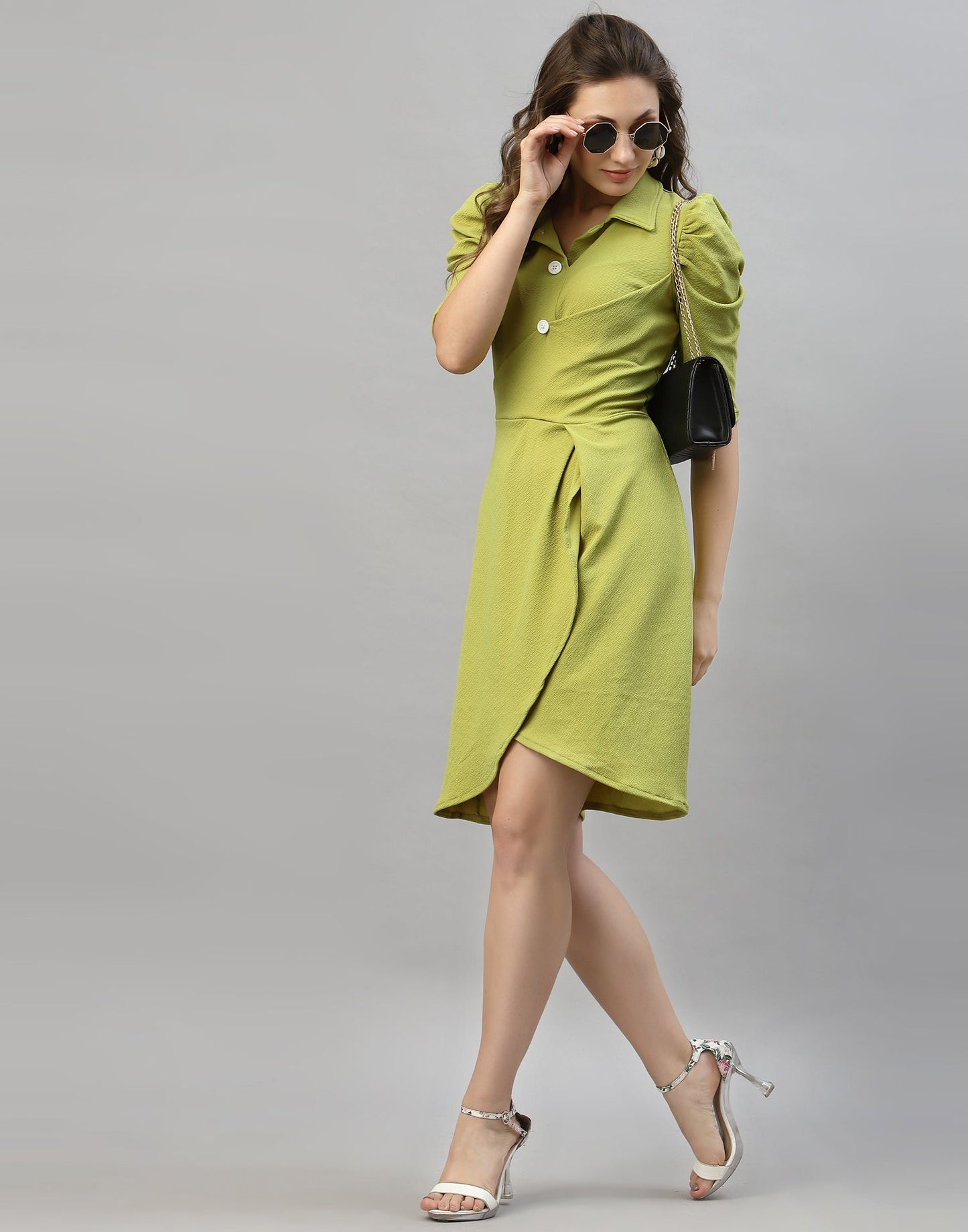 Olive Green Puff Sleeve Collared Dress