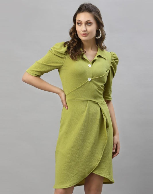 Olive Green Puff Sleeve Collared Dress