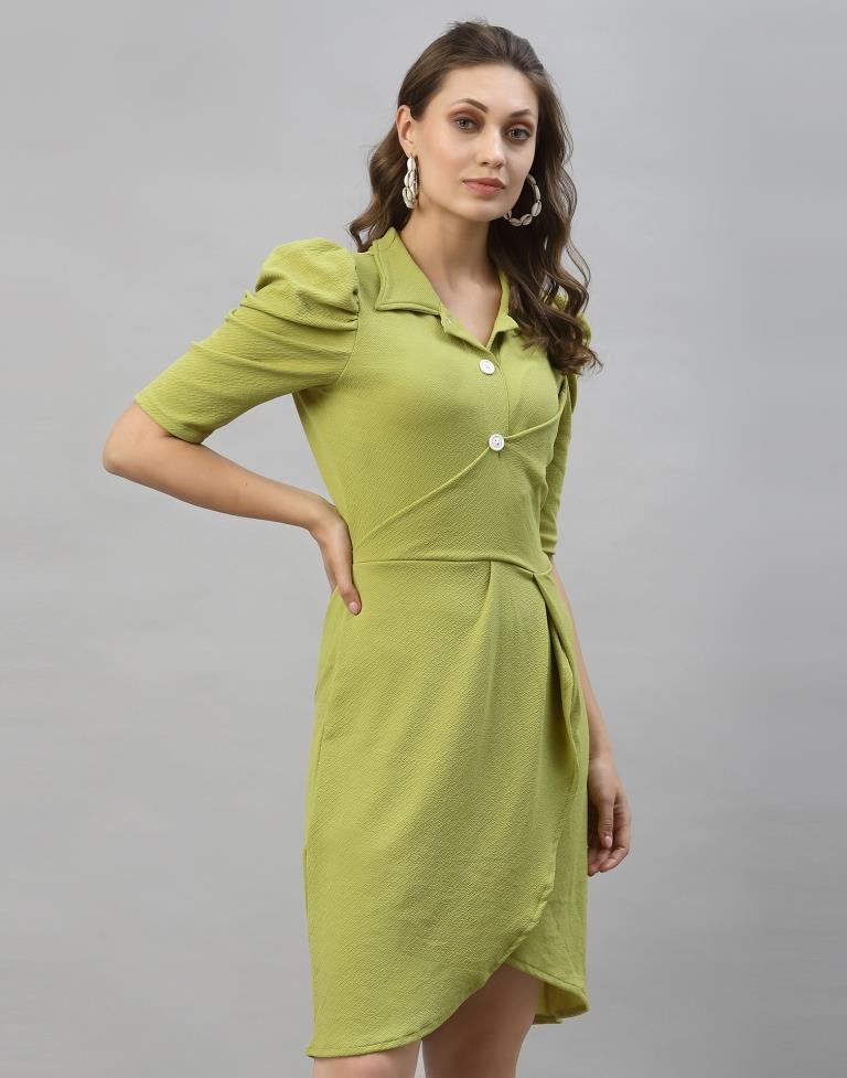 Olive Green Puff Sleeve Collared Dress