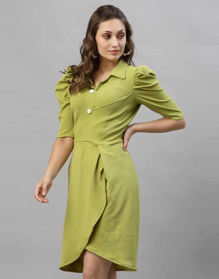 Olive Green Puff Sleeve Collared Dress