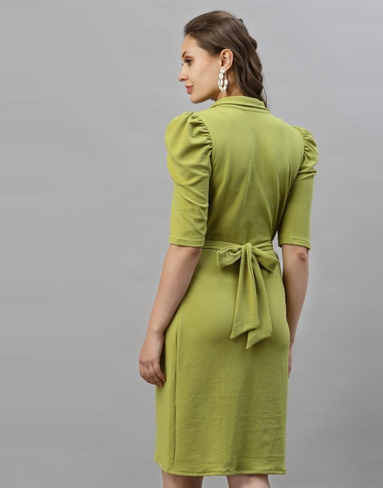 Olive Green Puff Sleeve Collared Dress