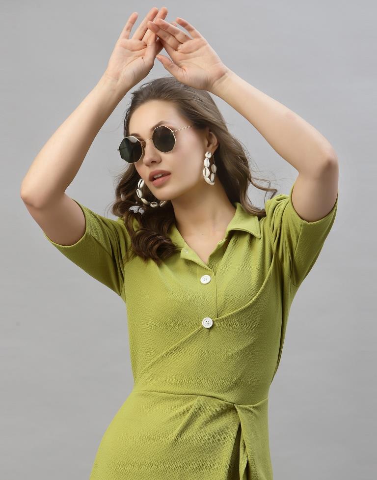 Olive Green Puff Sleeve Collared Dress