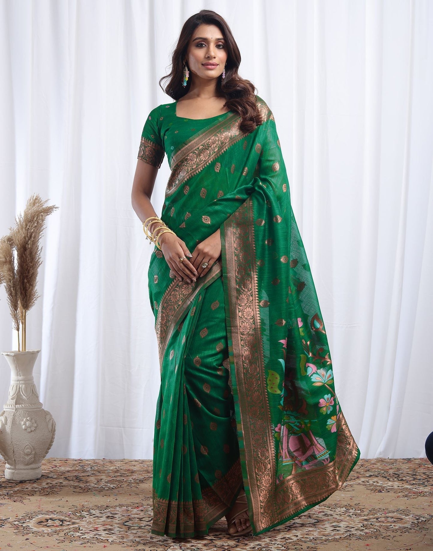 Green Jacquard Linen Saree