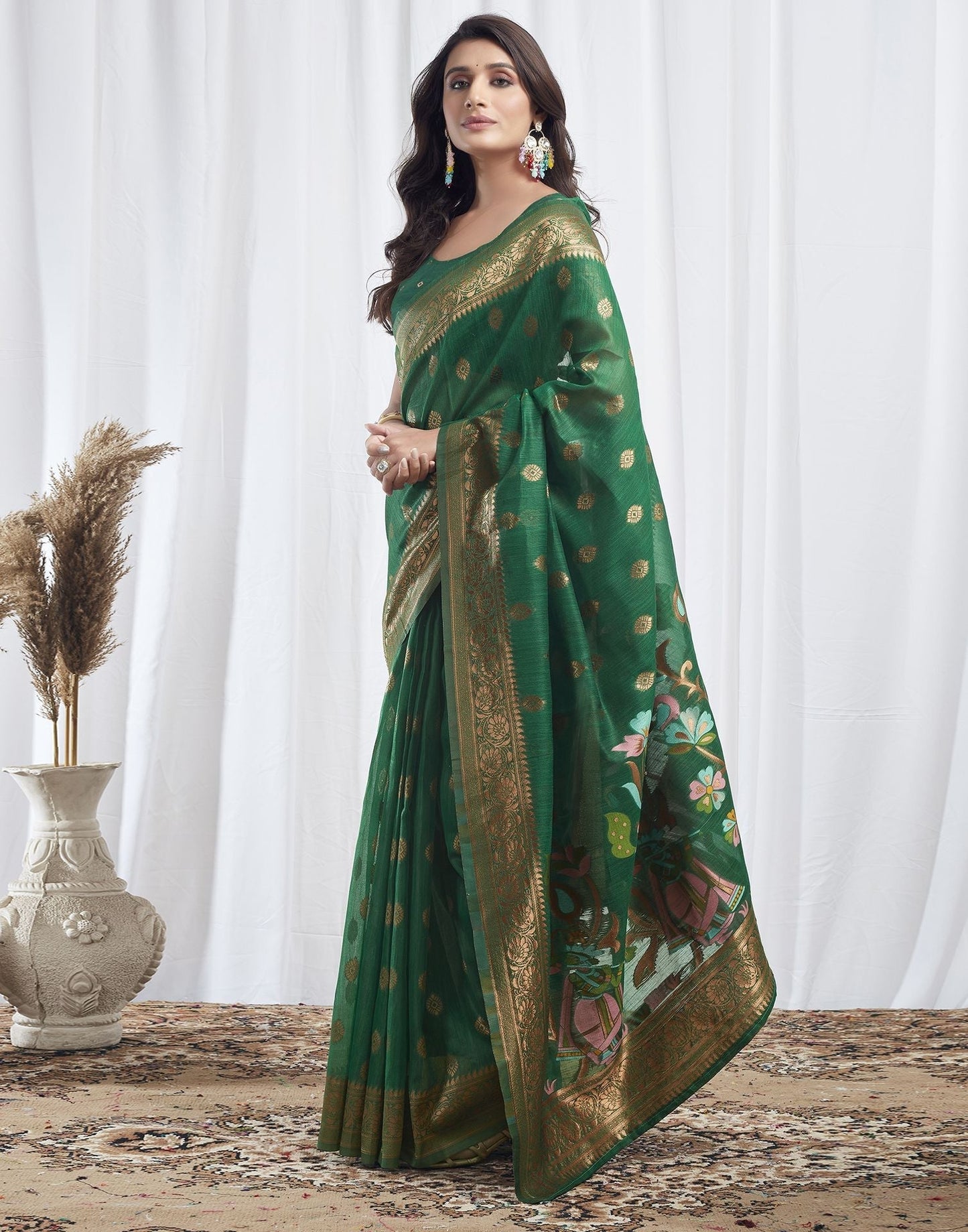 Green Jacquard Linen Saree