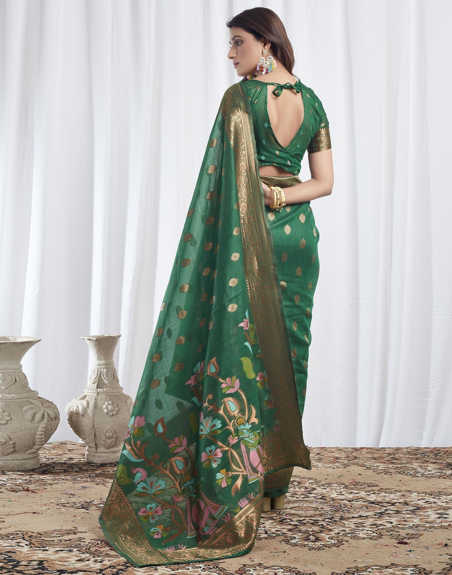 Green Jacquard Linen Saree