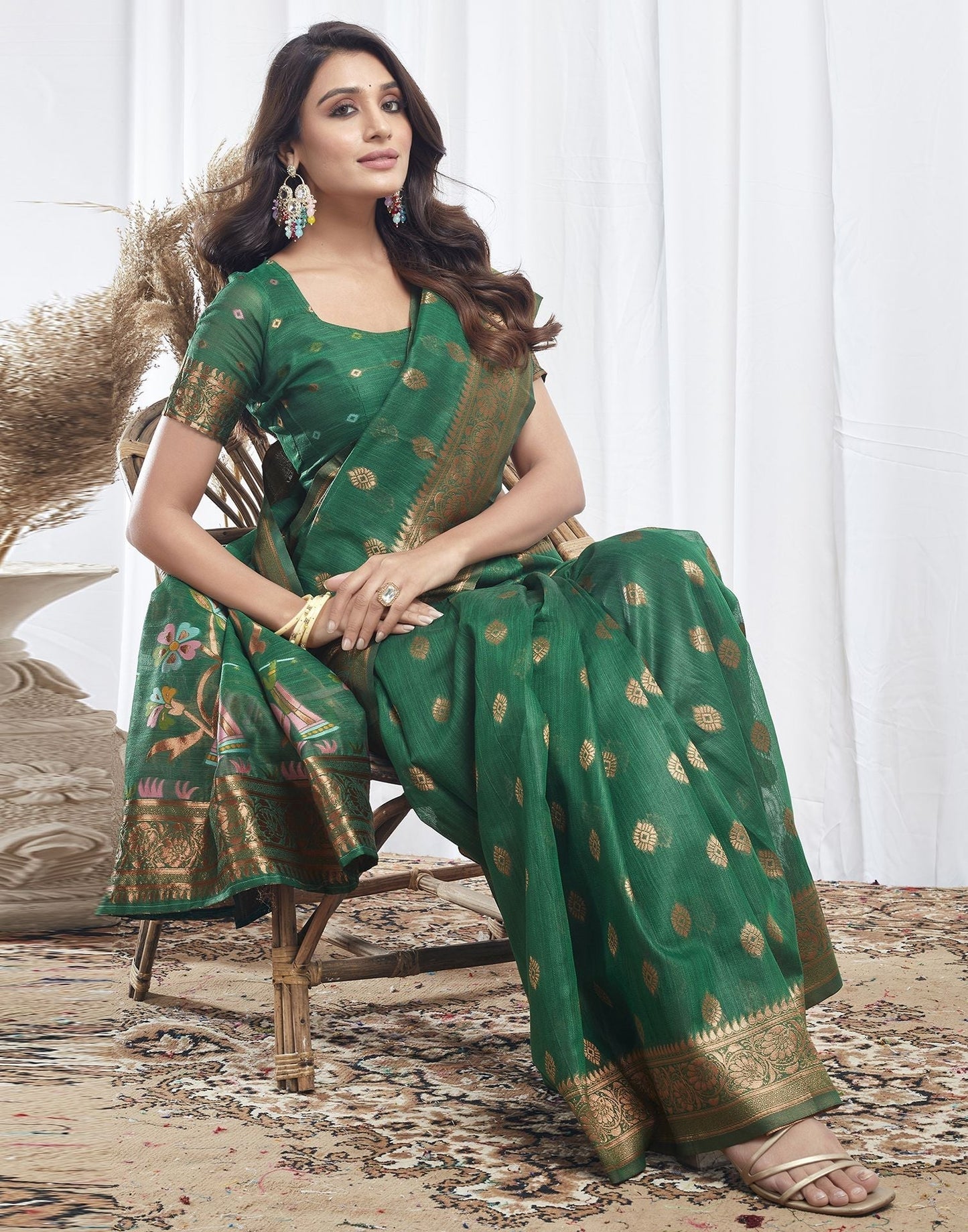 Green Jacquard Linen Saree