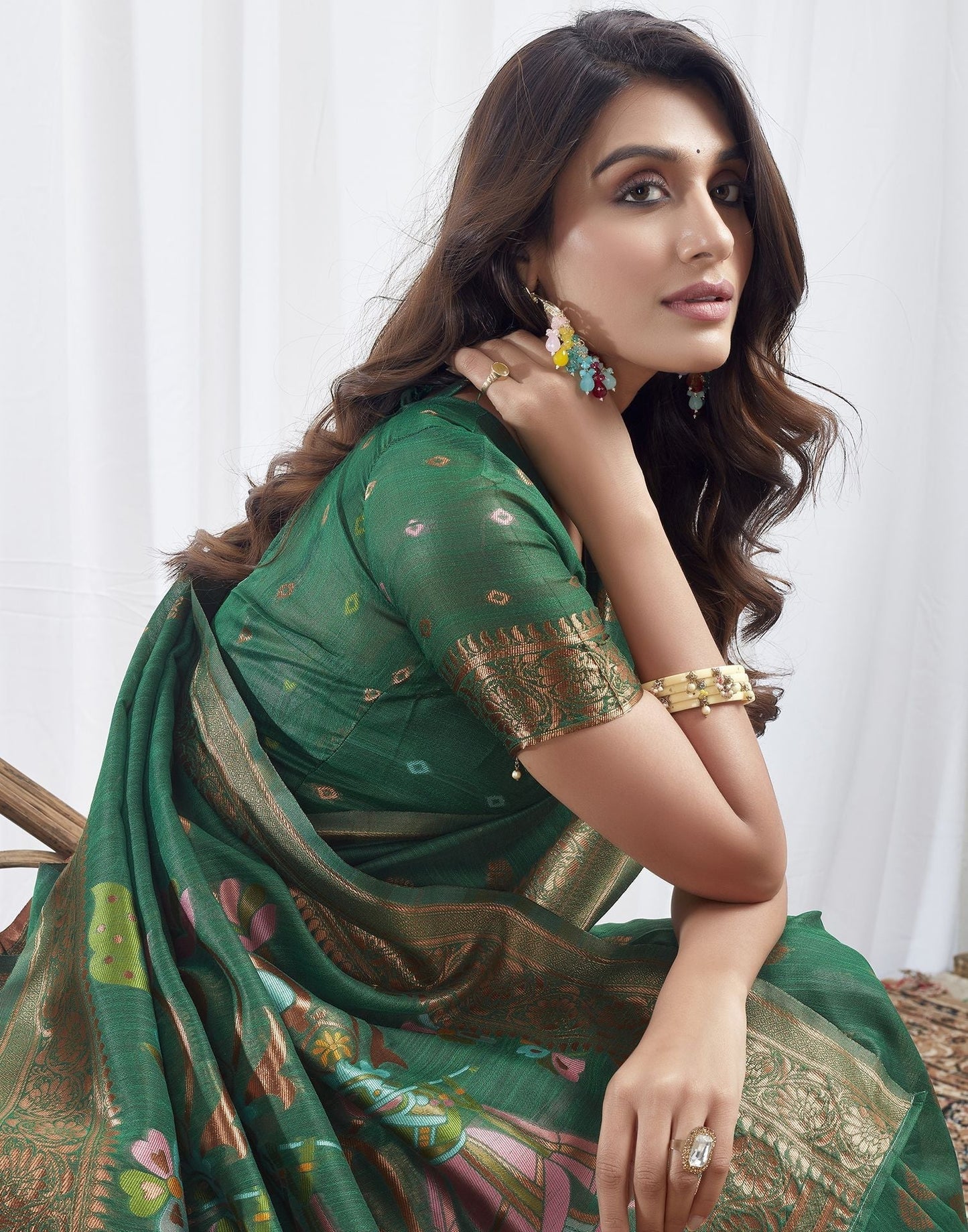 Green Jacquard Linen Saree